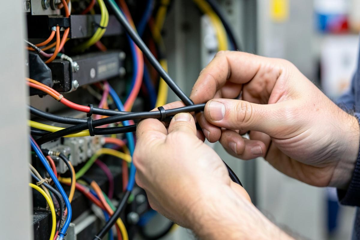Électricien regroupant des câbles avec des colliers de serrage